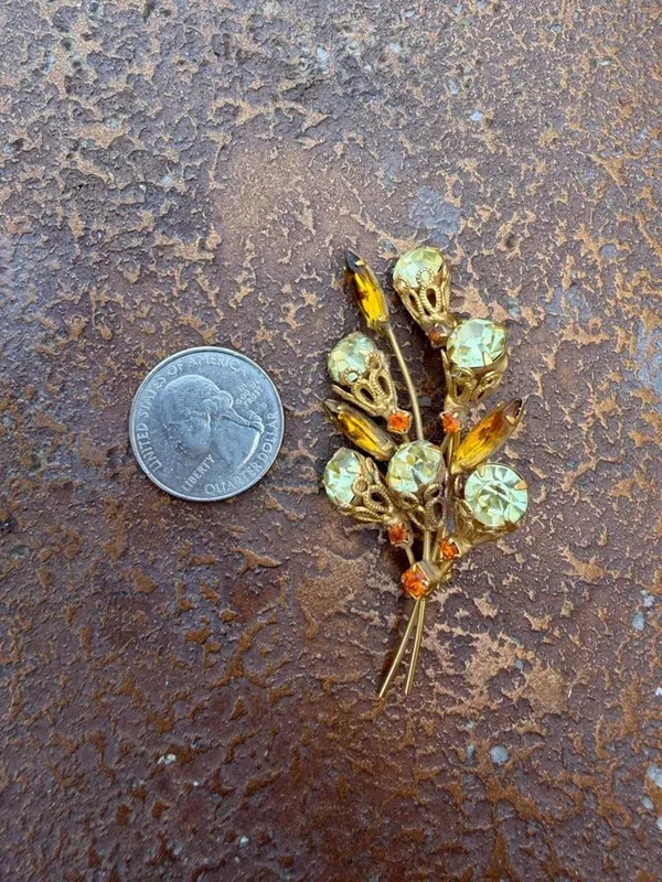 Swarovski Vintage 1960s brooch with gold-tone metal and light green and orange rhinestones arranged in a floral cluster design -no brand stamp - Image 4