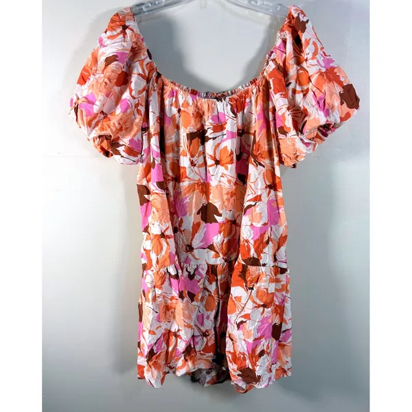 GeeGee Pink Orange Floral Smocked Puff Sleeve Tiered Mini Dress‎ 2XL - Image 4