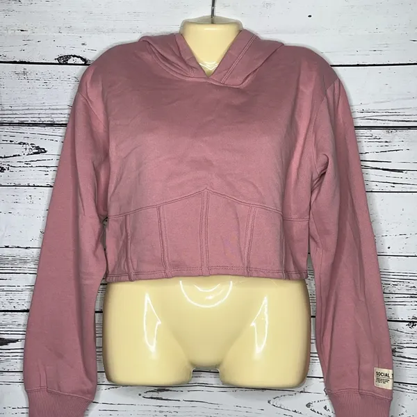 Abercrombie Social Tourist NWT Size L Pink Fleece Lined Crop Hoodie Sweatshirt - Image 3