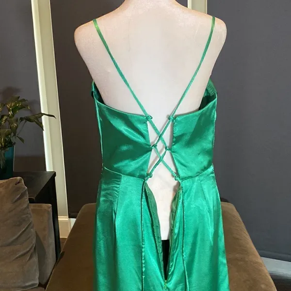 Women’s Green Full Length Prom Dress Criss Cross Straps Leg Slit Size 10 *READ - Image 7