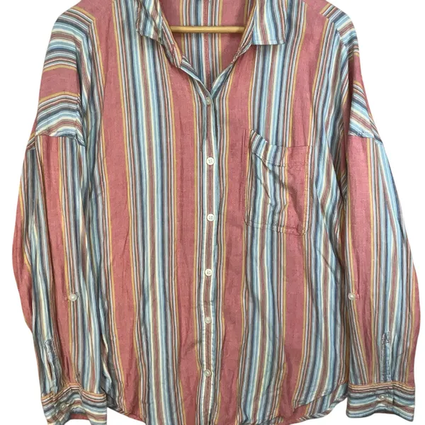 American‎ Eagle Womens Pink Stripe Viscose Linen Blend Lightweight Button Down M - Image 3
