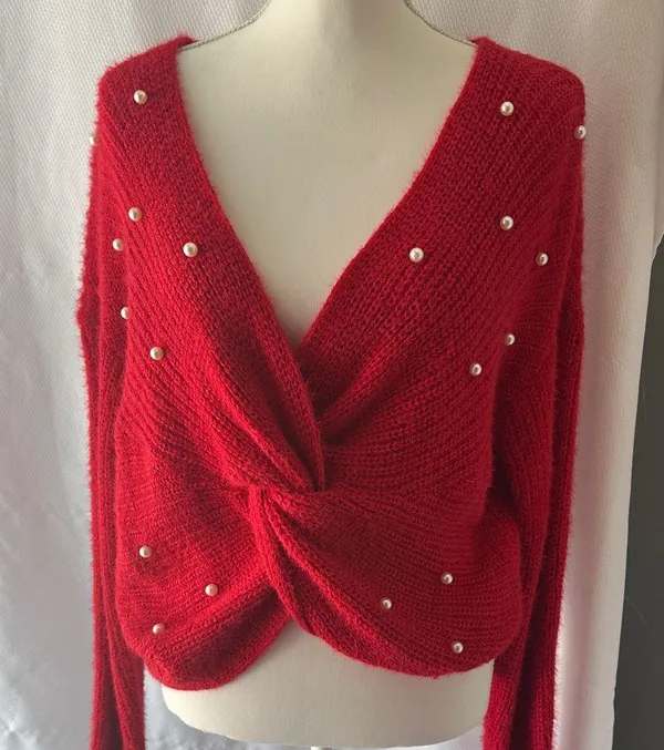 No Boundaries Red Off-the-Shoulder Sweater with Pearl Details - Image 7