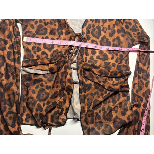 Leopard Print Mesh Tie Front Top Brown Black Ruffle Bell Sleeve Y2K Coquette - Image 6