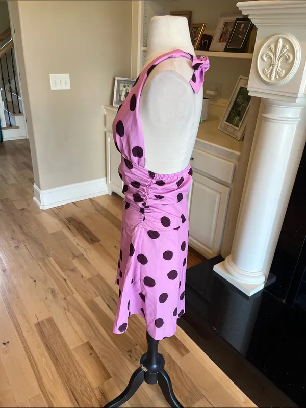 Pink Brown Polka Dot Silky Dress Halter Open Back Mini - Image 8