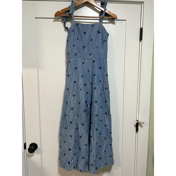 Hunter Bell Alex Denim Wide Leg Crop Jumpsuit Tie Straps With Side Zip‎ Size 0 - Image 6