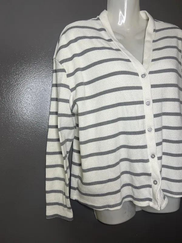 Como Sleep Pajama Set Womens Medium White Gray Stripe Knit Top Pants Lounge - Image 3