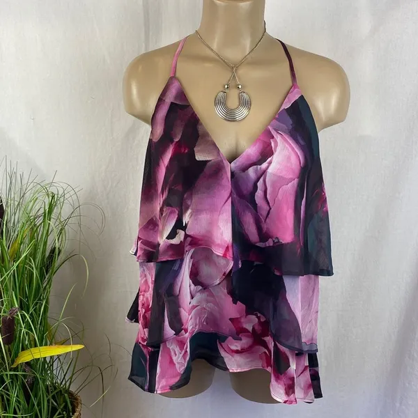 Express Black & Pink Floral Sleeveless Drape Racerback Blouse Top NEW L - Image 2