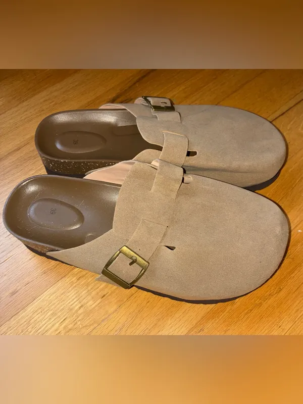 SheIn Taupe Suede Slide Sandals with Brass Buckle - Image 2