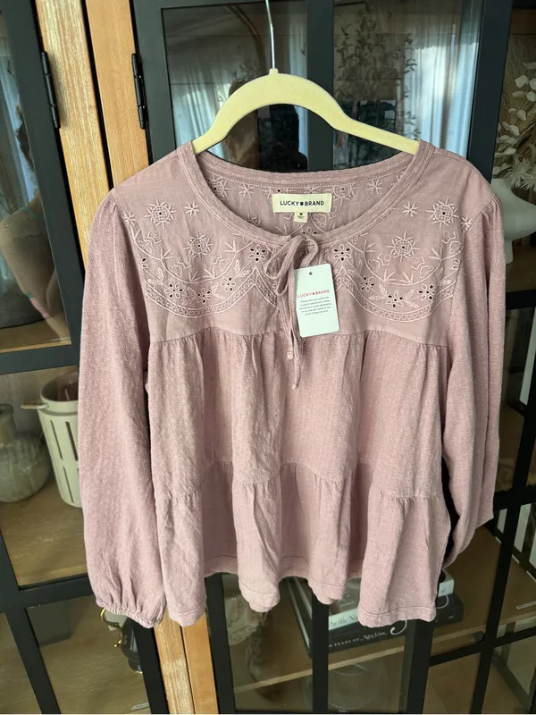 NWT Lucky Brand embroidered babydoll blouse top lavender tie front long sleeve - Image 7