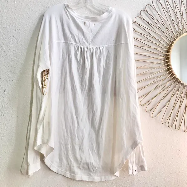 We the Free People Spirit Henley Tunic Top Embroidered Boho sweater sweatshirt blouse shirt button front white gold yellow long sleeve Size L-measurements in pics - Image 4