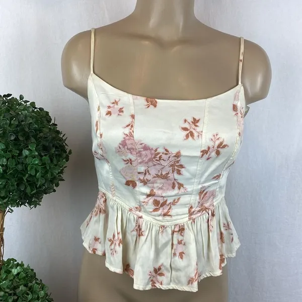 Free People Ivory Floral Print Sleeveless Cropped Corset Peplum Boho Top XS - Image 2