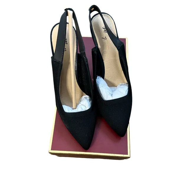 Melyann Jinji New Black Stiletto Leather and Fabric Slingback Heels Size 7 - Image 3