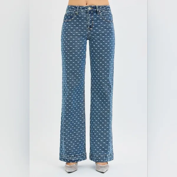 Wide Leg Blue Patterned Jeans - Women's Flare & Wide Leg - Image 3