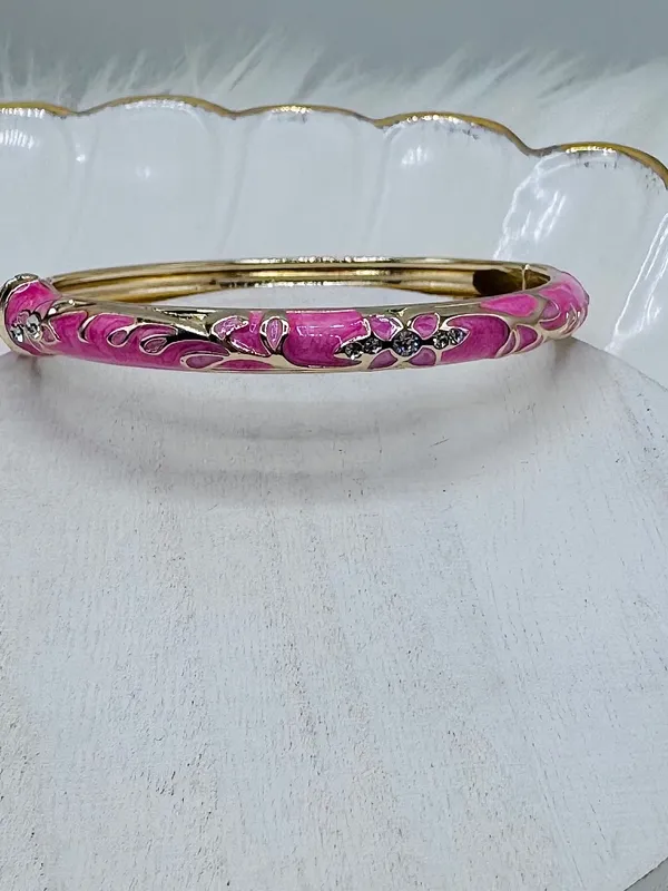 Pink Enamel Gold-Tone Floral Cloisonne Bangle Bracelet - Image 3