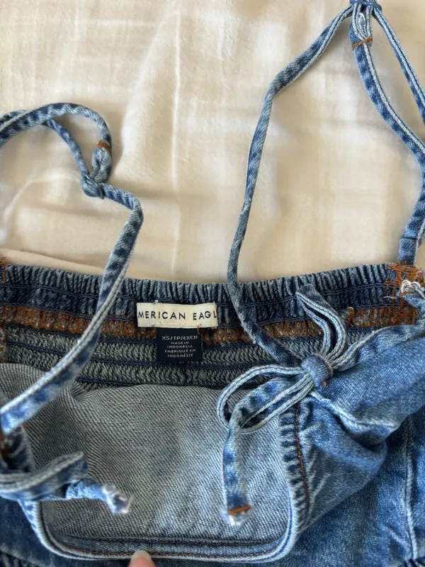 American Eagle Outfitters Light Blue Denim Tie-Strap Crop Top - Image 2