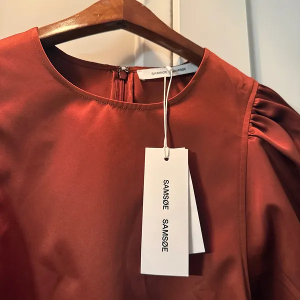 Samsoe Samsoe Celestina Short Dress Brandy Brown Satin Puff Sleeve NWT Size S - Image 4