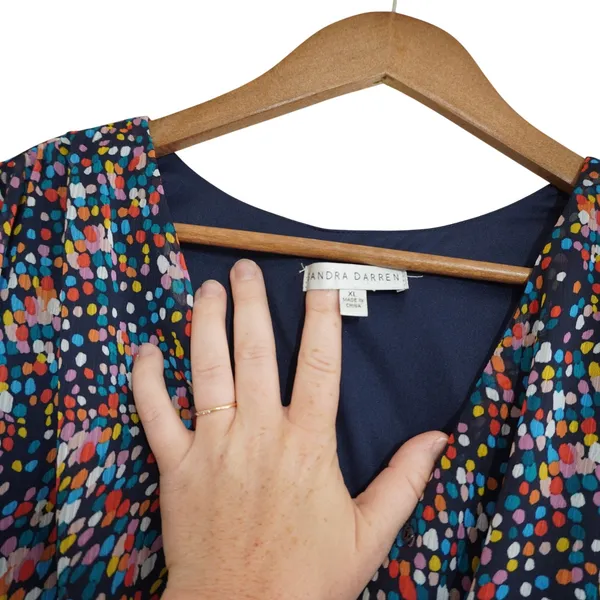Sandra Darren XL Confetti Dot Tiered Faux Wrap Midi‎ Dress Navy Multicolor Party - Image 5