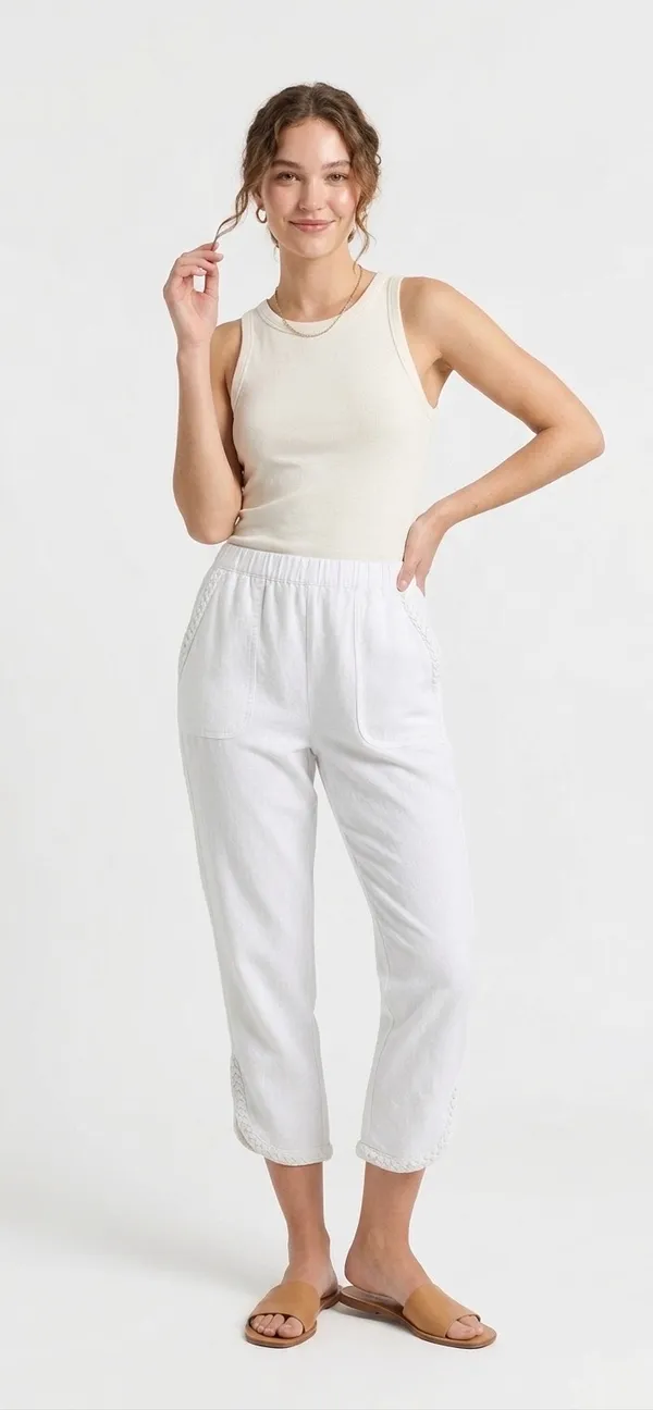 Women’s Braided Hem Stretch French Terry Capri - White - Image 2
