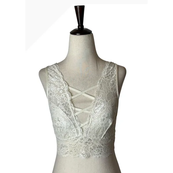 Candie's Lace Bralette Women Medium Ivory Strappy V Neck Wireless Intimates Sexy - Image 2