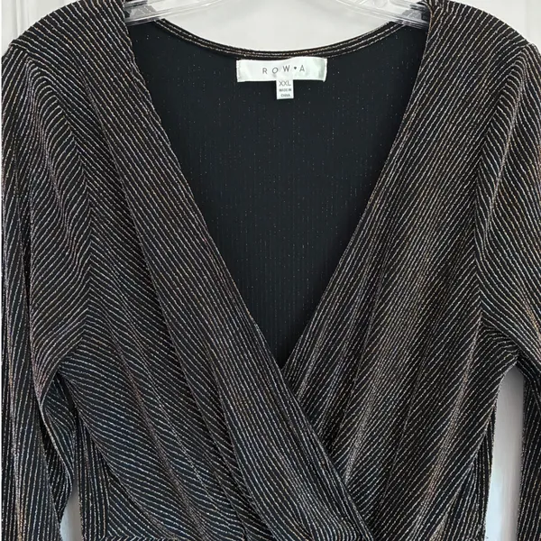 ROW-A‎ Metallic Pinstripe Faux Wrap Mini Dress Black Gold XXL Party Cocktail - Image 11