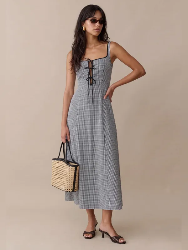 NWT o.p.t Babette Midi Dress size 4 gingham tie front cotton few moda - Image 3