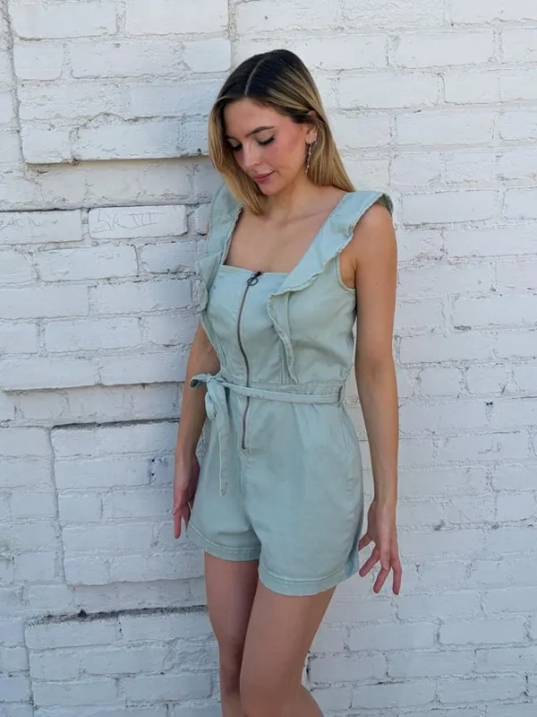 No Boundaries light green playsuit ruffled romper with belt sz xs women’s #festival #summer #vacation - Image 3