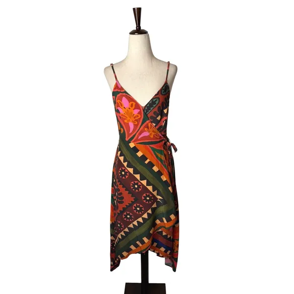 FARM‎ Rio Hanky Wrap Midi Dress Women Small Orange Red Boho Tropical Anthro - Image 2