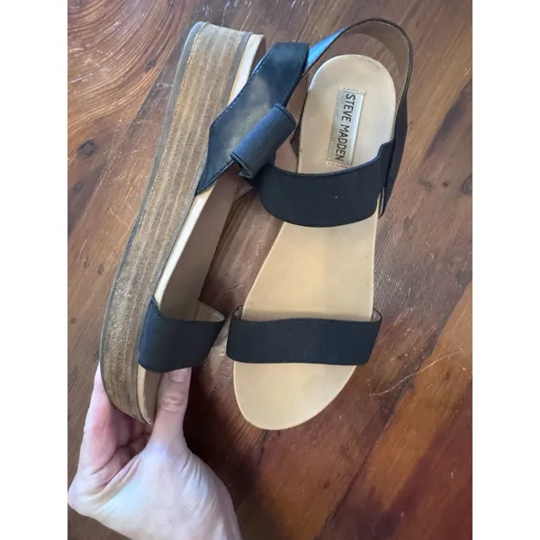 Steve Madden Black Leather Wooden Flatform Sandals, Size 9 - Image 6
