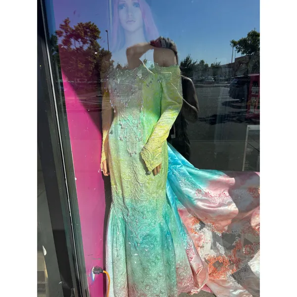 Ombre‎ Lace Mermaid Gown Off Shoulder Beaded Long Sleeve Train Pastel Rainbow - Image 3