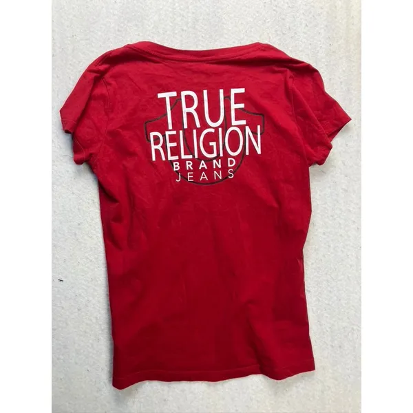True Religion T-Shirt Womens Medium Red V-Neck‎ Back Graphic Logo Tee 4832 - Image 7