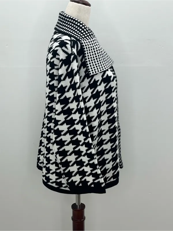 SIONI Black White Houndstooth Knit Wool Blend Cardigan Sweater Jacket Medium - Image 6