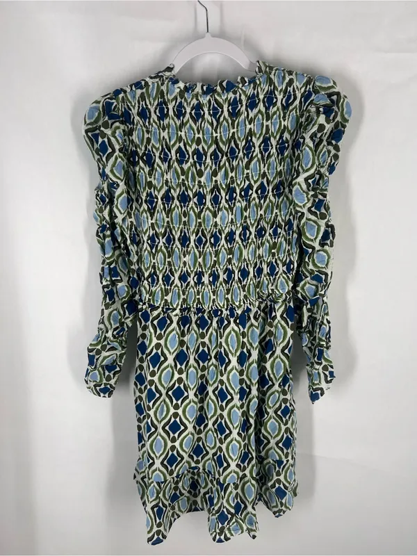 Anthropologie Navy and Cream Geometric Ruffle Mini Dress - Image 12