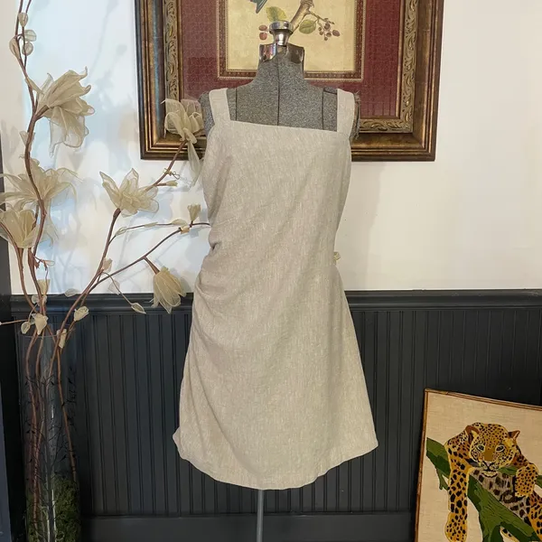 Abercrombie & Fitch Linen Blend Asymmetrical Ruched Square Neck Dress XL🧡🎀 - Image 3