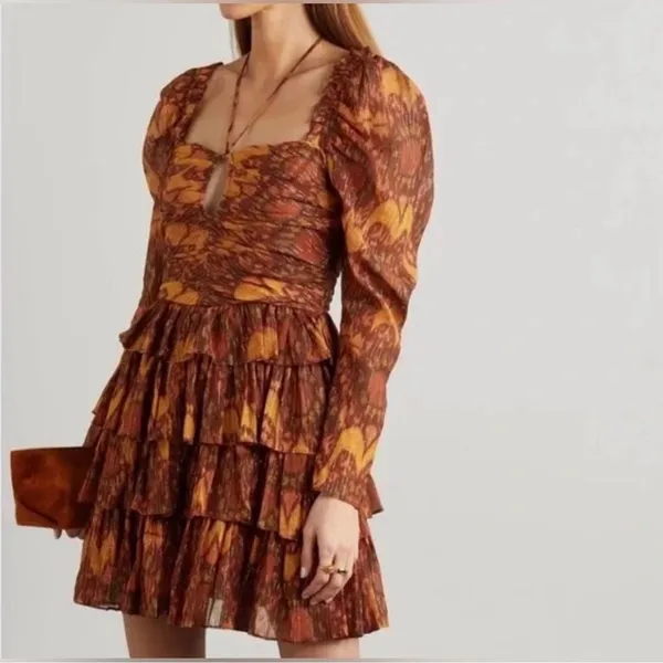 Ulla‎ Johnson Mini Dress Women 10 Orange Excellent Ikat Metallic Ruffle Ruched - Image 2