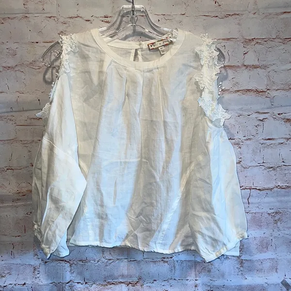 Anthropologie Eri + Ali Floral Applique cold shoulder blouse loose fit SP petite cream linen - Image 2