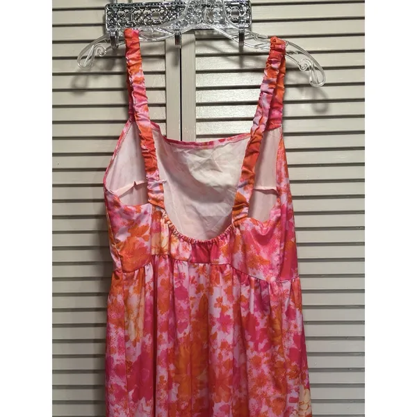 Bright Pink/Orange Floral Maxi Dress Sleeveless Size 1X Elastic Straps & Back - Image 5