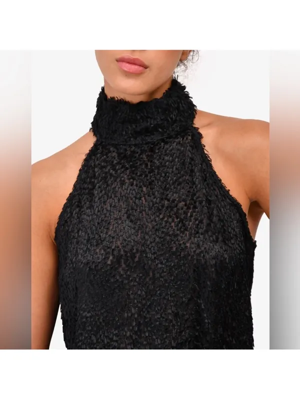 Nili lotan fringe feather halter silk blend dress in black size medium - Image 3
