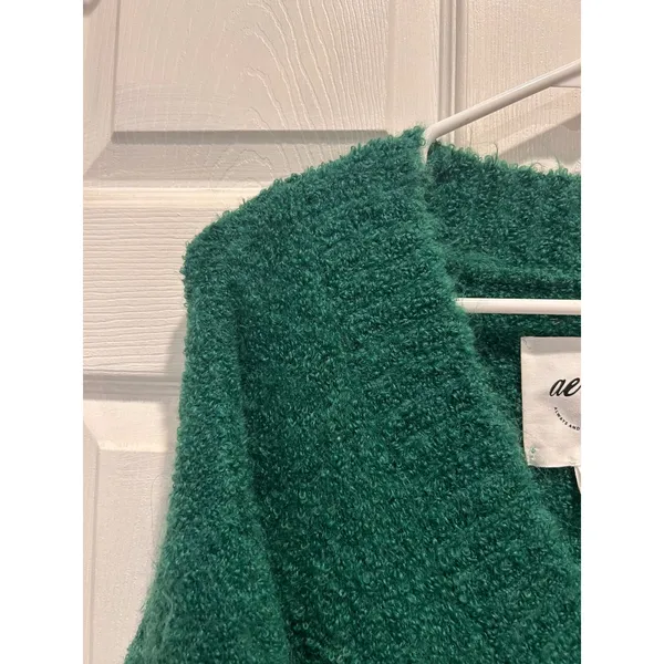 Aerie Womens Forest Green Oversized Boucle V-Neck‎ Sweater M Fuzzy Wool Blend - Image 2
