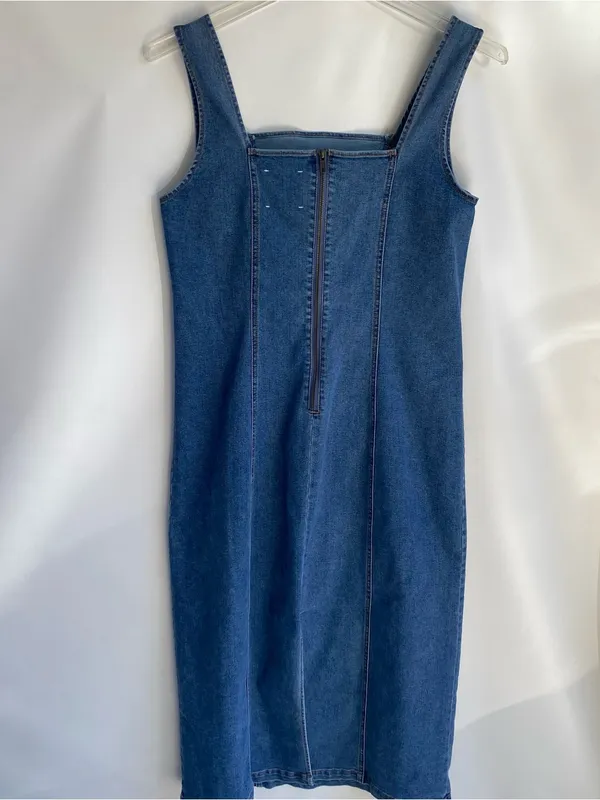 Habitual medium wash denim Stretch midi dress sleeveless fall transition Large - Image 5
