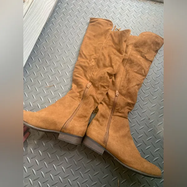Tan Suede Knee High Fringe Boots mossimo casual classic fall 8 $60 boho - Image 3