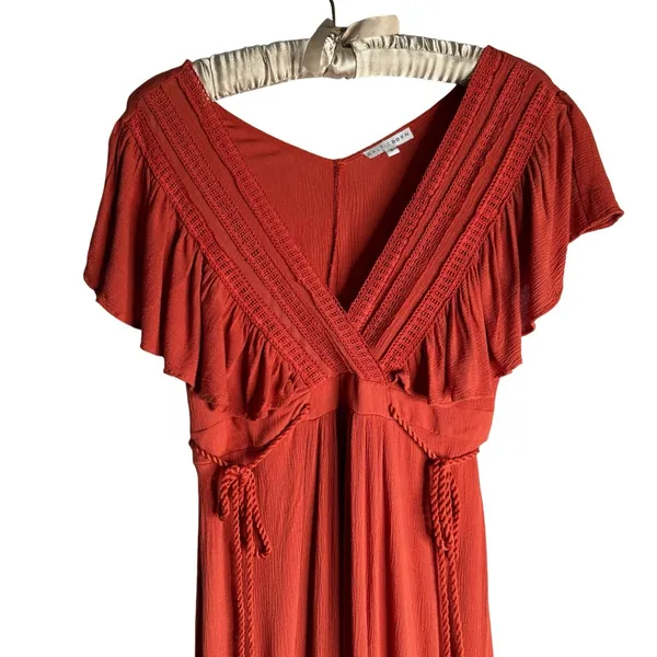 Baltic Born S Babydoll Maxi Dress Rust Tassel Ruffle Boho Rayon Lined Split‎ Hem - Image 5