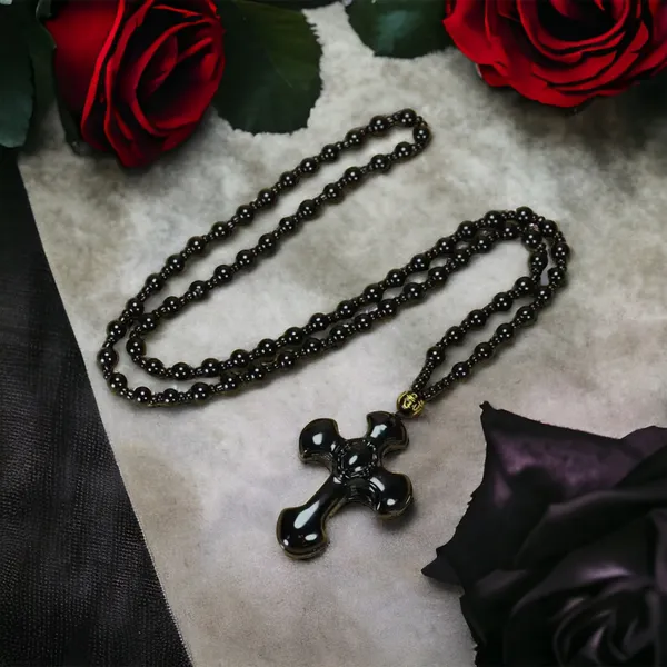 1pc Classic Religious Style Christian Cross Fashion Obsidian Pendant Necklace‎ - Image 3