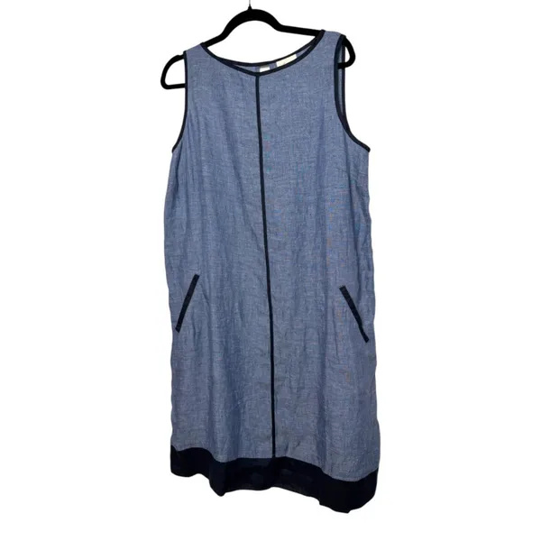 J. Jill Love Linen Denim Chambray Navy Trim Shift Dress Medium Tall NEW - Image 2
