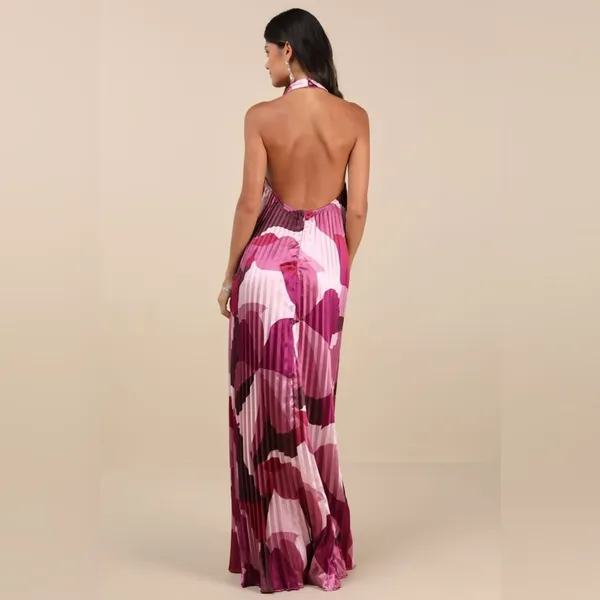 LULU’S Prime Poise Pink Multi Abstract Satin Halter Maxi Dress - Image 6