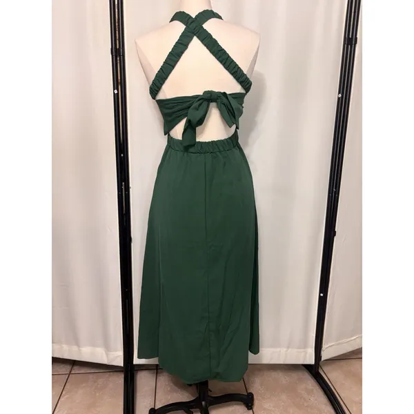 Womens Smocked Green Midi Dress Cottage Sundress Pockets Backless Straps Stretch - Image 9
