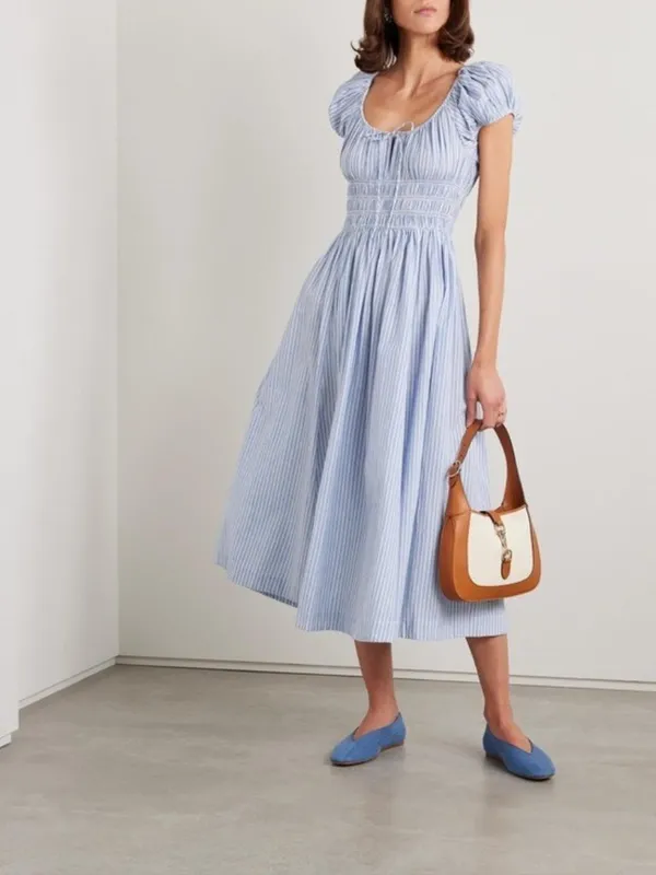 Doen Quinn Tie-Detailed Shirred Striped Organic Cotton-Poplin Midi Dress,Blue,S - Image 3