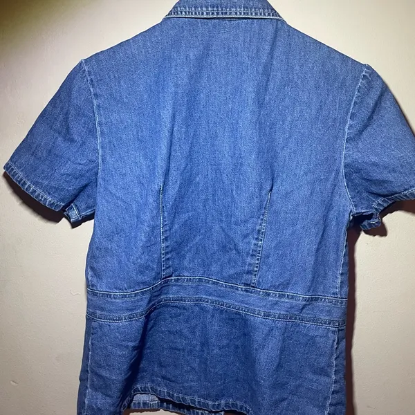 Vintage Bobbie Brooks Blue Denim Short-Sleeve Shirt with Embroidered Collar, S - Image 2