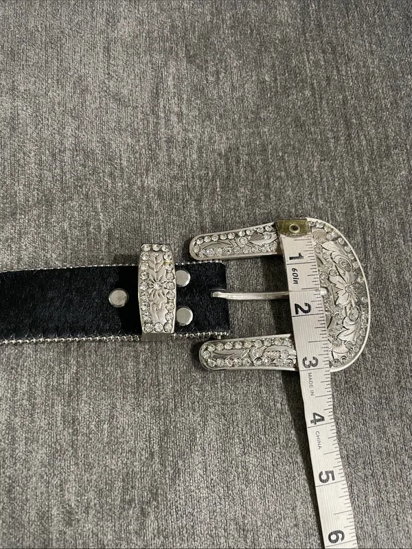 Western Leather Black Calf Hair Studded Rhinestone Embellished Statement Belt - Image 3