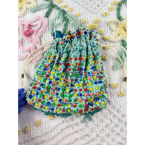 Vintage KBS Trading Co Honolulu Beaded Drawstring Pouch Bag Multi Color Fringe - Image 6