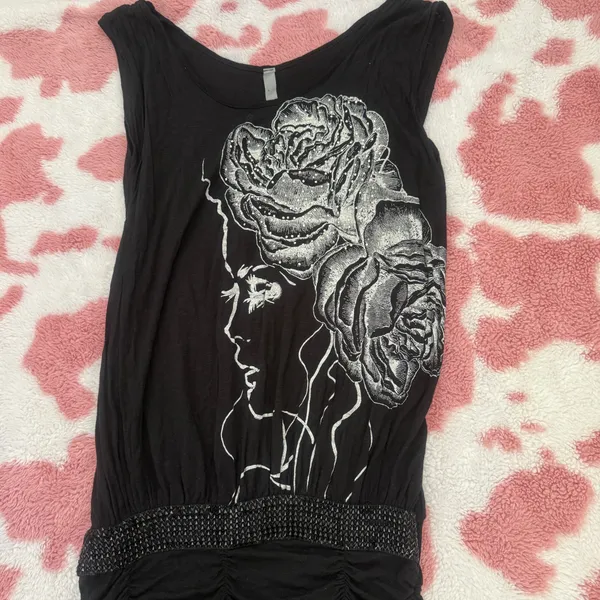 ✨ Y2K Glam Black Ruched Mini Dress w/ Rhinestone Rose Graphic – Edgy Fairycore Party Dress (Size S) ✨ - Image 4